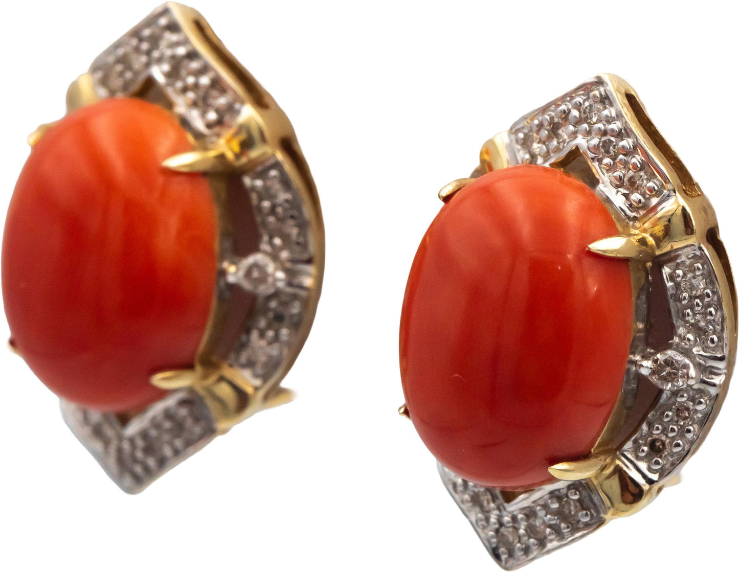 14k Yellow Gold 10.30CT Round Diamond and Cabochon Coral Earrings