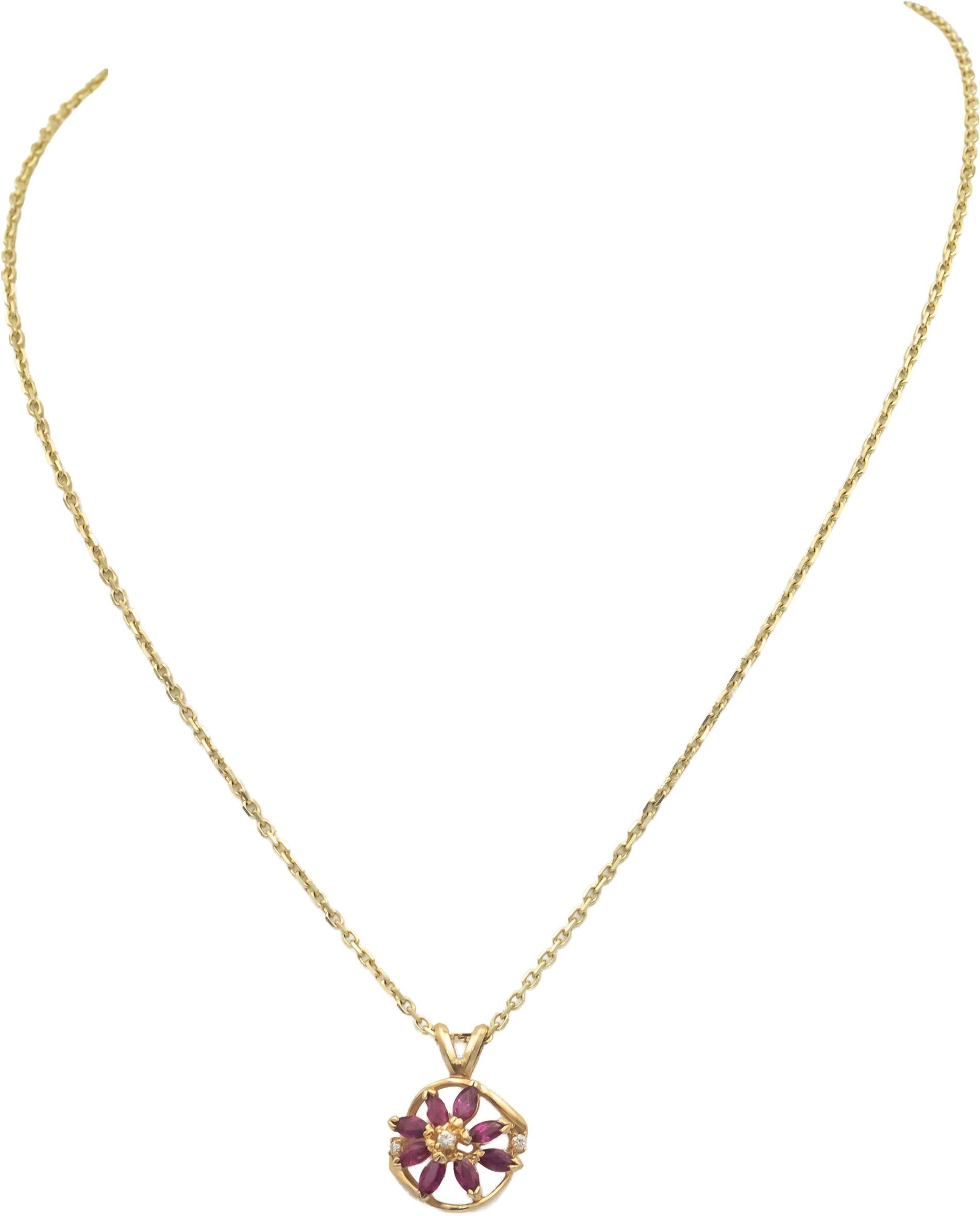 14k Yellow Gold .52CT Diamond and Ruby Floral Pendant Chain Necklace