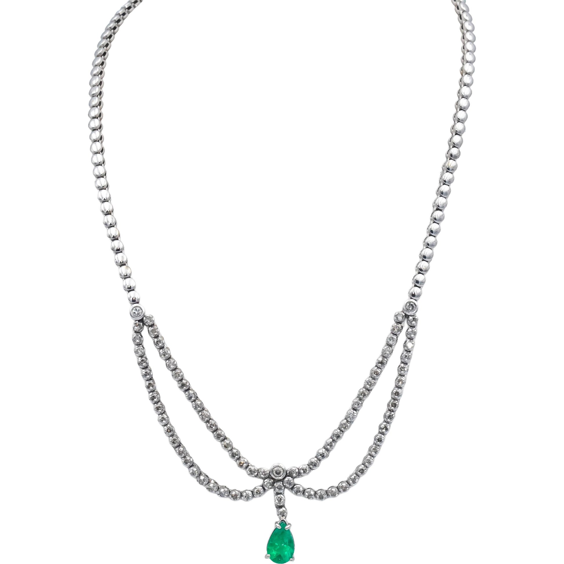 14k White Gold Jewelry Round Diamond Pear Emerald Collar Formal Necklace 5.0CT