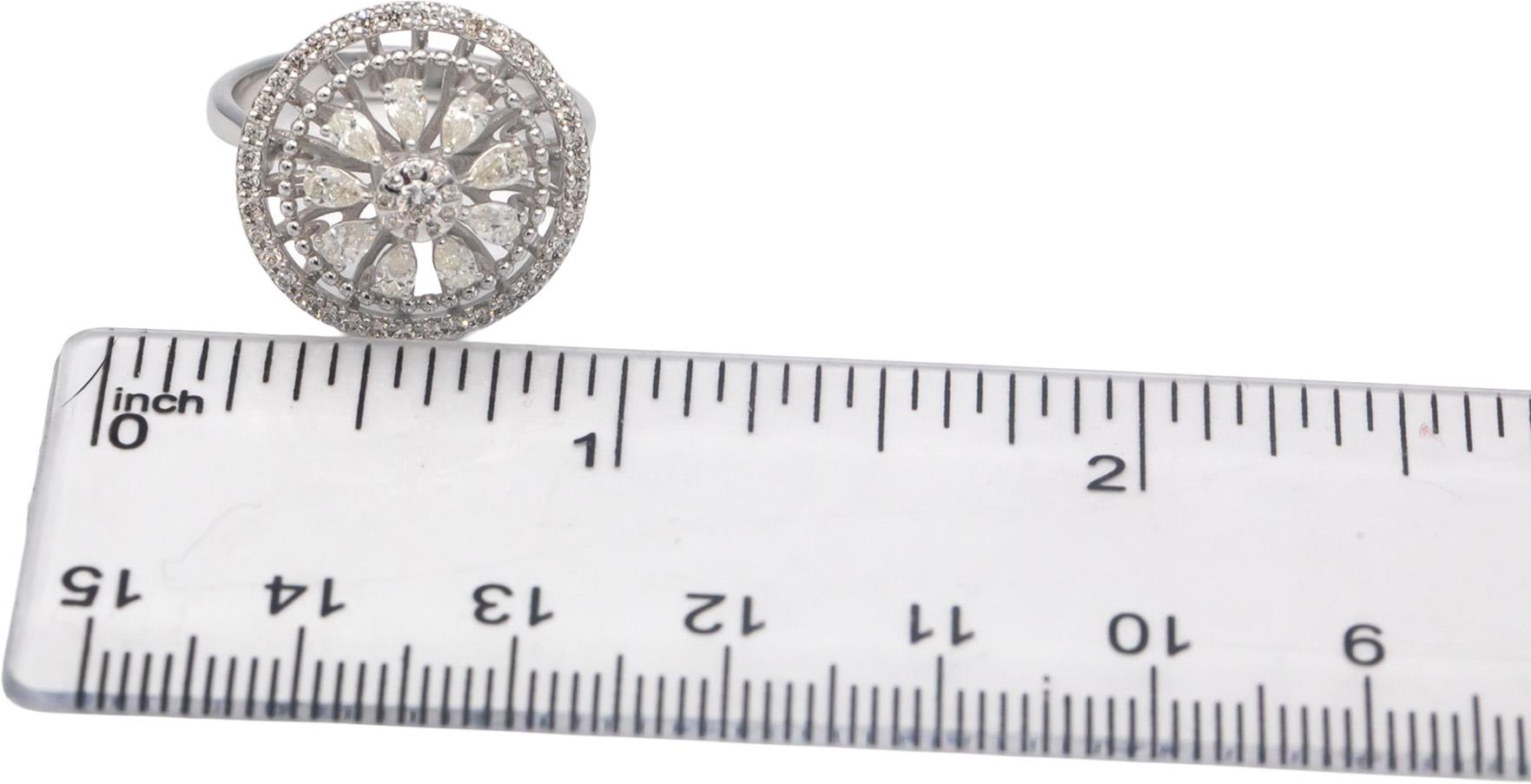 18k White Gold VS Pear & Round Diamond Floral Cocktail Ring 0.81CT Size 6.75