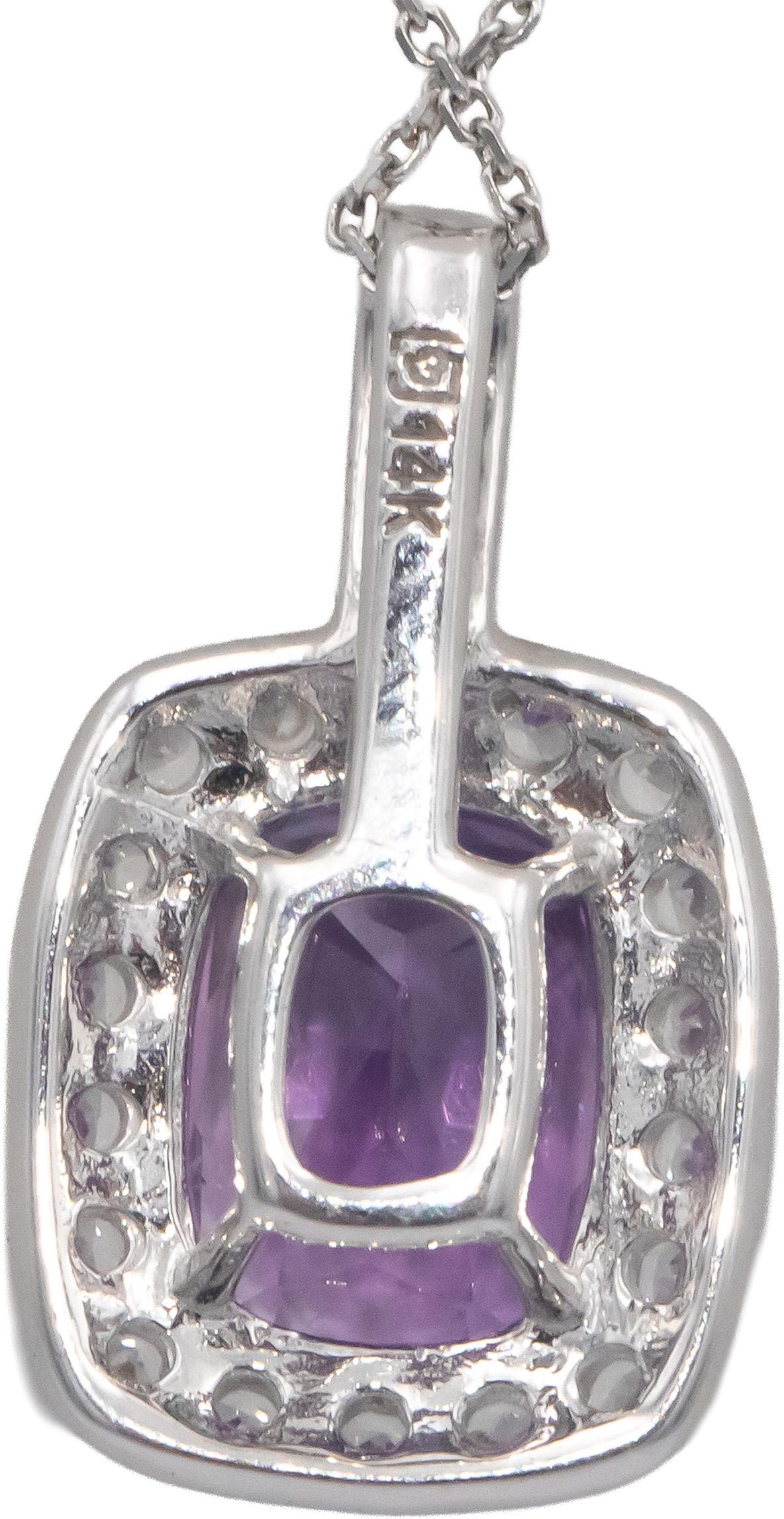 14k White Gold 2.35CT Amethyst and White Topaz Halo Pendant Necklace Chain