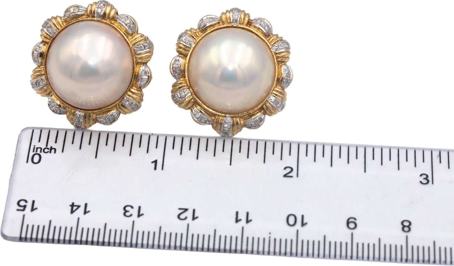 14k White and Yellow Gold 0.25CT Diamond and 16.8-17.0mm Mabe Pearl Earrings