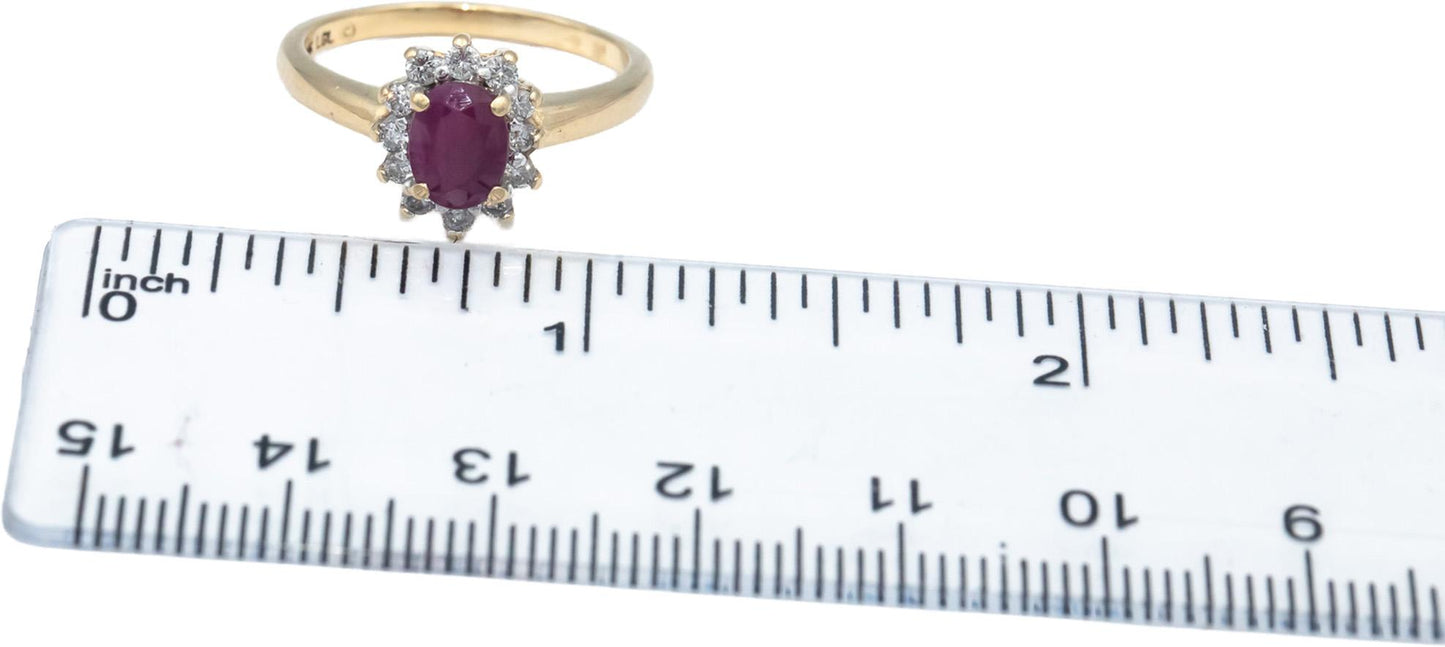 Oval Ruby and Round Diamond 14k Yellow Gold Halo Ring 1.0CT Size 6.75