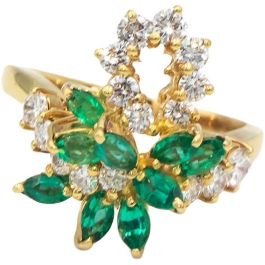 18k Yellow Gold VS Diamond and emerald Cluster Cocktail Ring 2.0CT Size 7