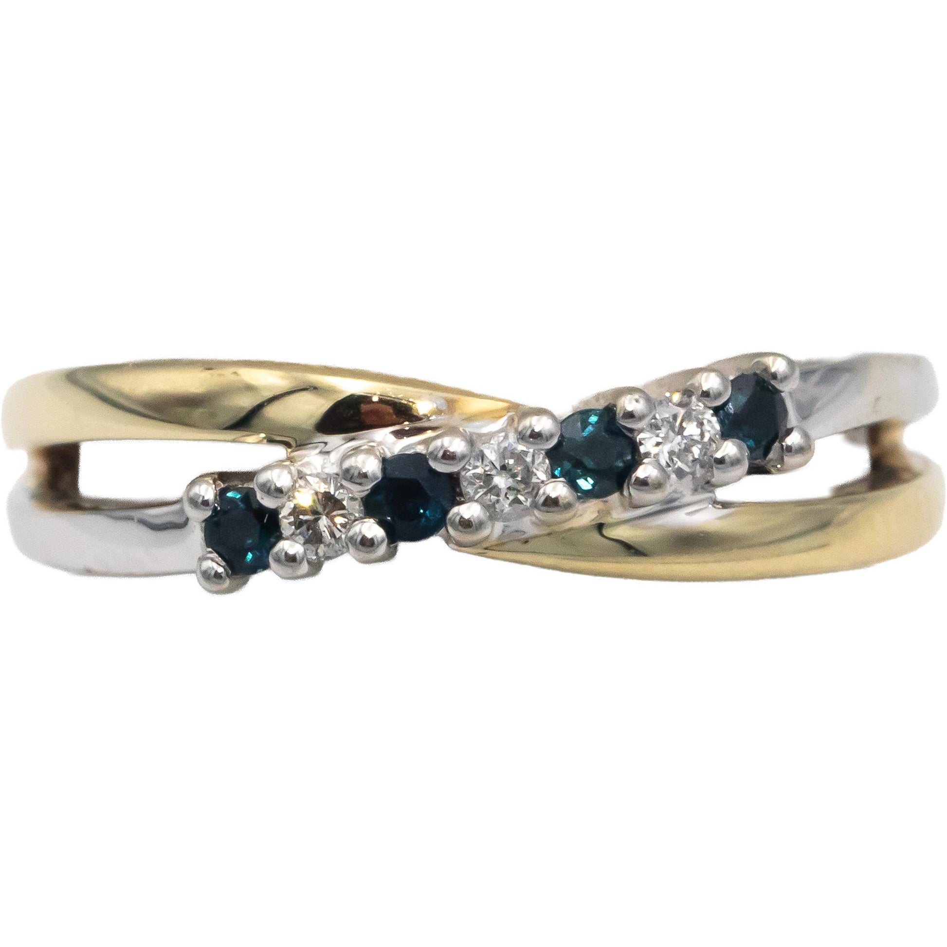 Diamond and Sapphire 10k Yellow & White Gold Crossover Band Ring 0.20CT Size 7