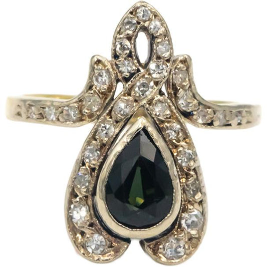 Vintage Antique Diamond & Green Sapphire 18k Yellow Gold Ring 0.95CT Size 4.75