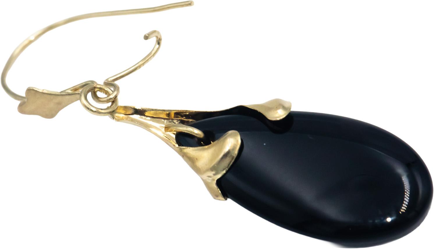 14k Yellow Gold Pear Cabochon Black Onyx Drop Dangle Earrings