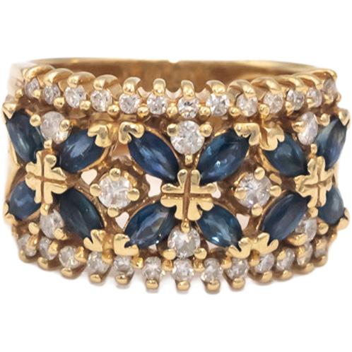 14k Yellow Gold Diamond and Blue Sapphire Wide Band Ring 1.05CT Size 5.5