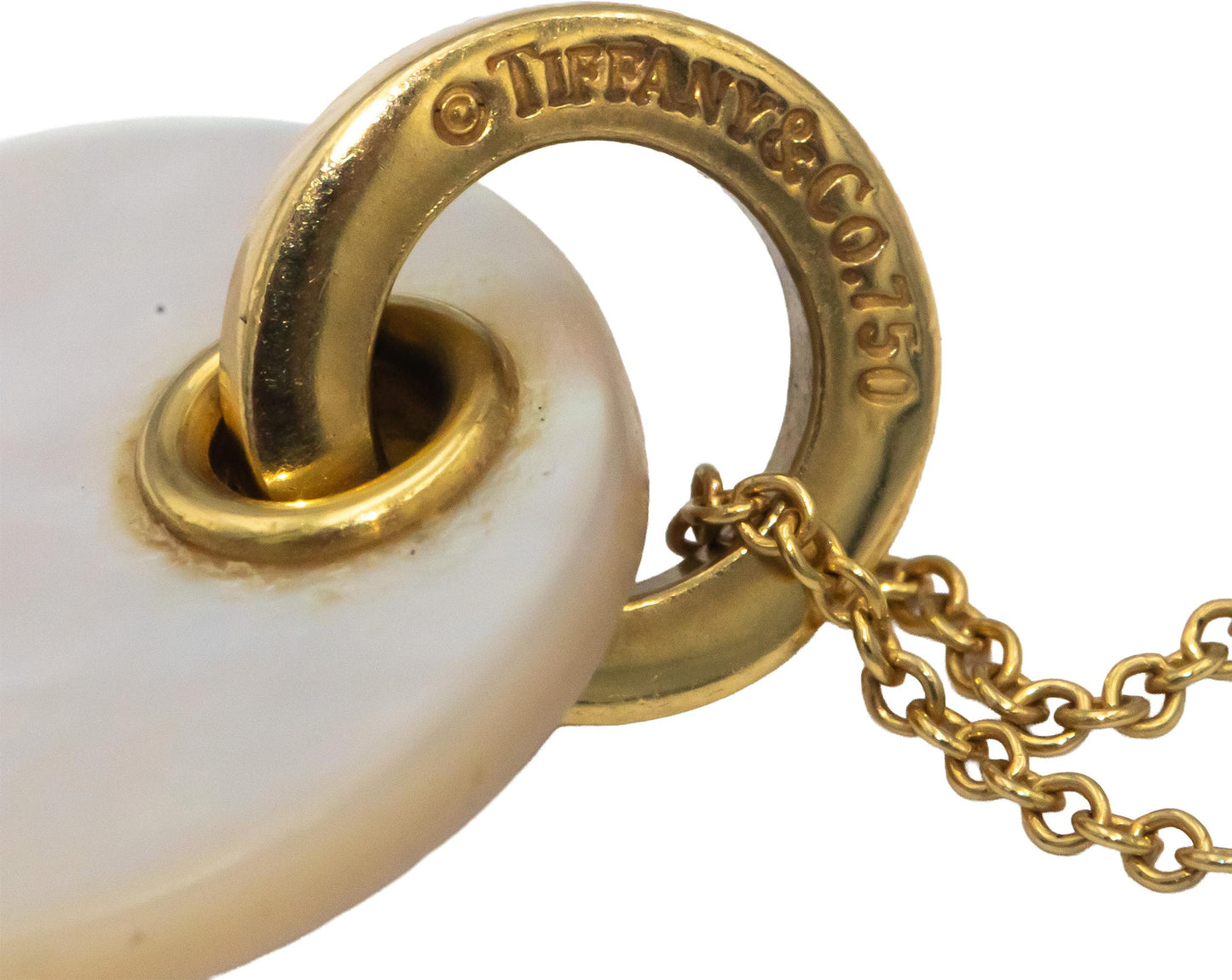 TIFFANY & CO. 18k Yellow Gold Mother of Pearl Disc Pendant Necklace Chain