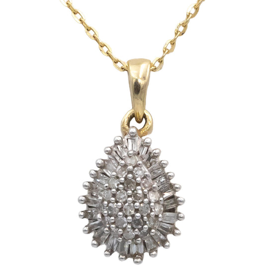 10k White & Yellow Gold Round & Baguette Diamond Cluster Pendant Necklace 0.25CT