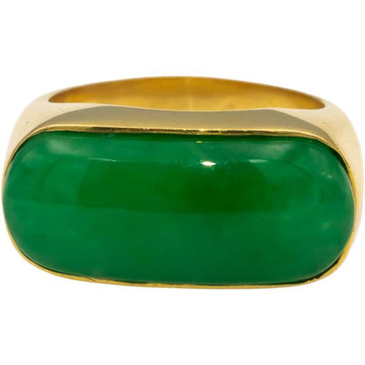 18k Yellow Gold Cabochon Jade Solitaire Cocktail Ring Size 7.25