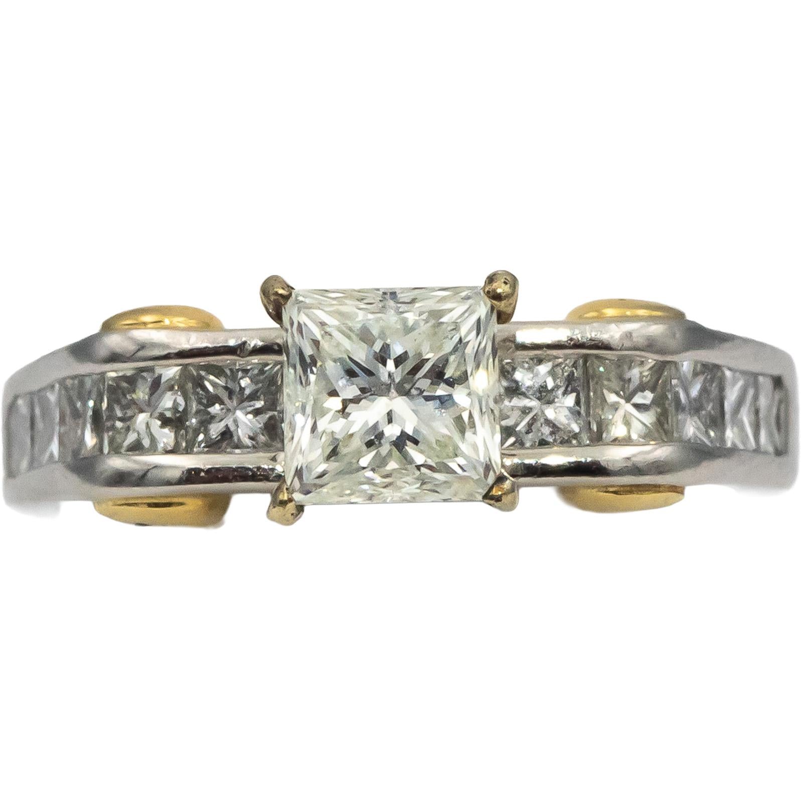 Platinum & 18k Gold Princess Cut Diamond Engagement Ring 1.14CT w/ 0.74CT Center