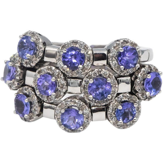 SONIA B. 14k White Gold Round Tanzanite & Diamond Three Band Ring 2.85CT Size 7