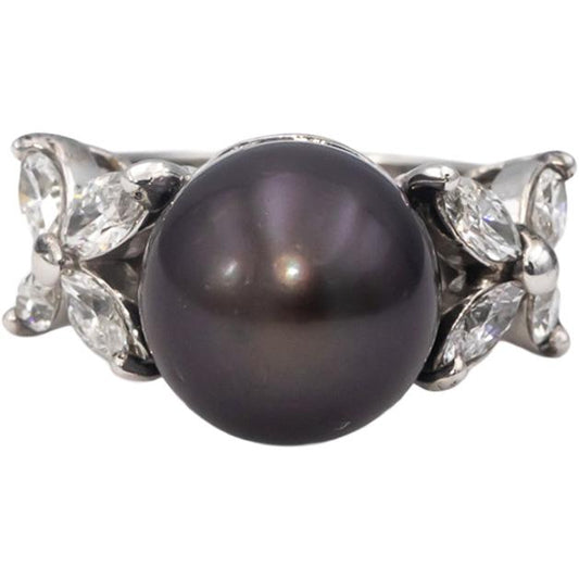 14k White Gold Marquise Diamond 12.7mm Black Tahitian Pearl Ring 1.50CT Size 7