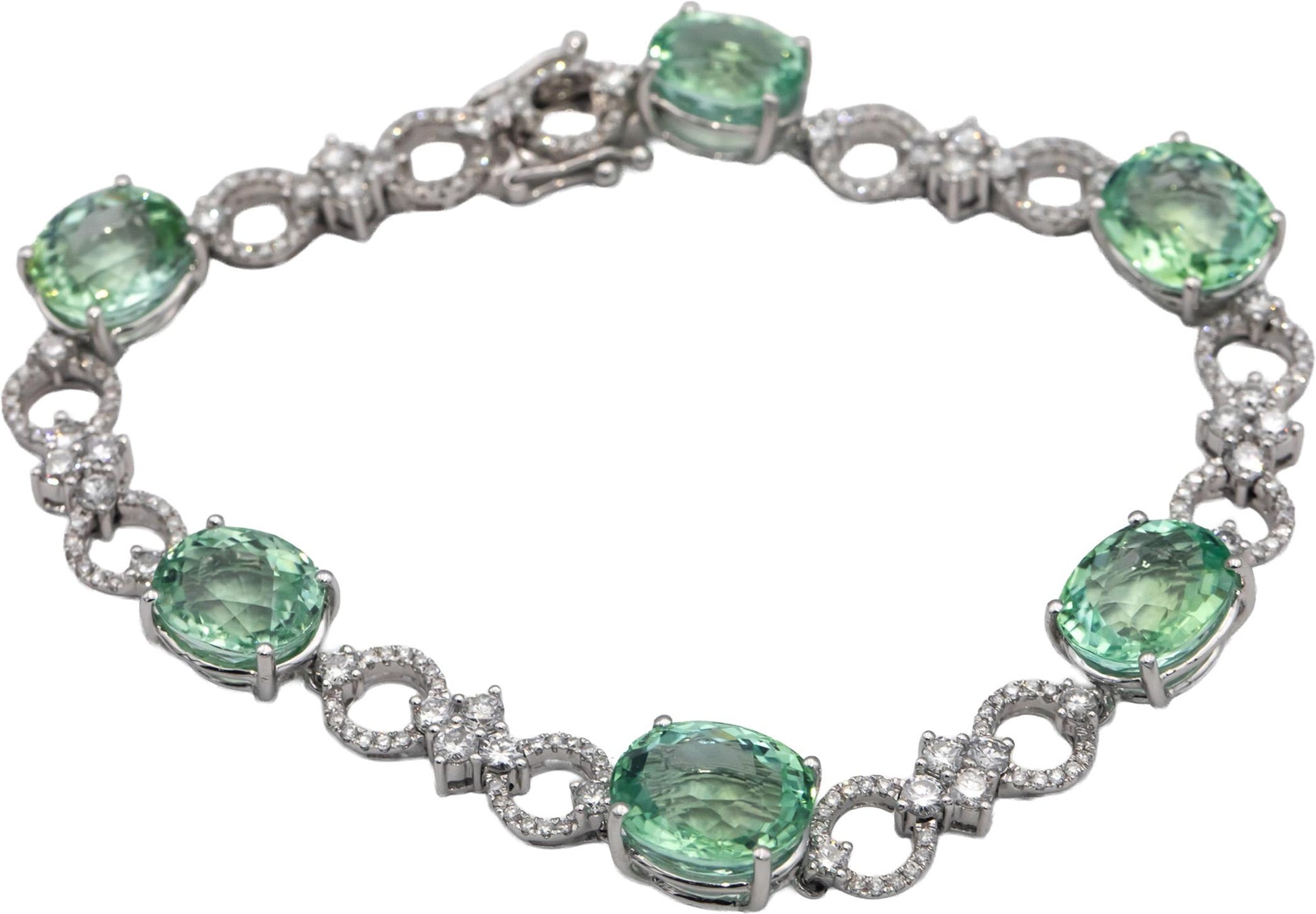 Designer 18k White Gold Green Amethyst & VS Diamond Link Bracelet 24.0CTW