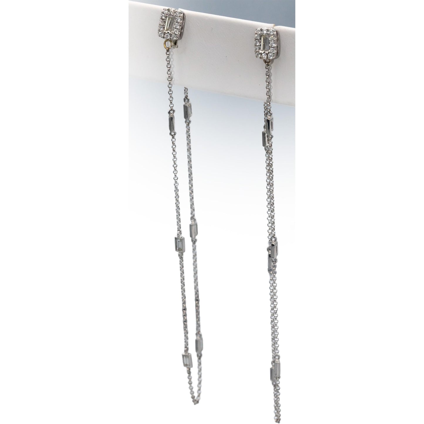 18k White Gold Round & Baguette Cut Diamond By The Yard Dangle Earrings .70CTW