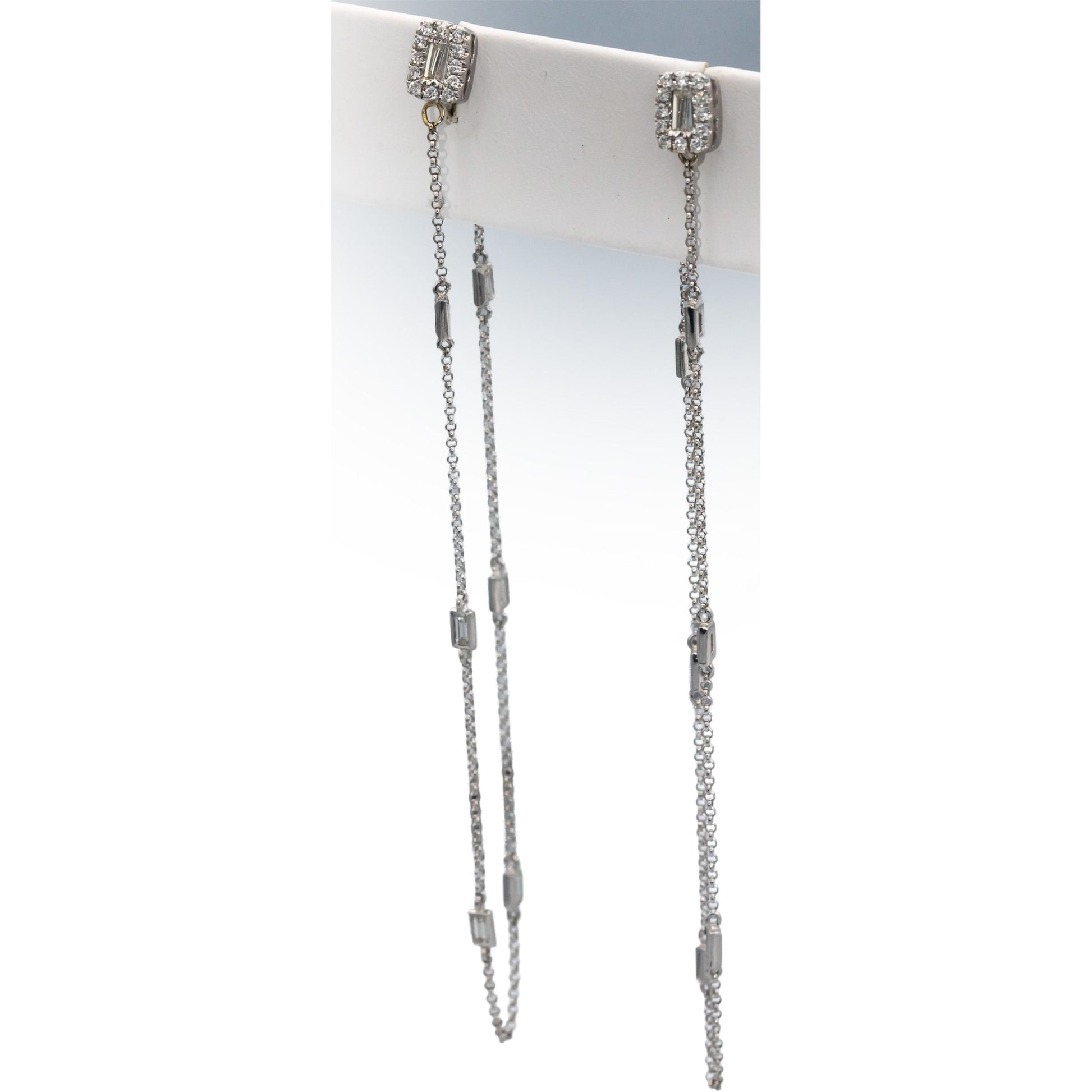 18k White Gold Round & Baguette Cut Diamond By The Yard Dangle Earrings .70CTW