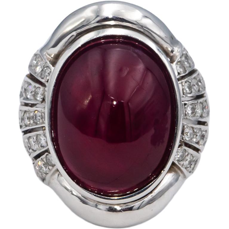 CGL Certified 14k White Gold Cabochon Ruby & Round Diamond Ring 10.85CT Size 7