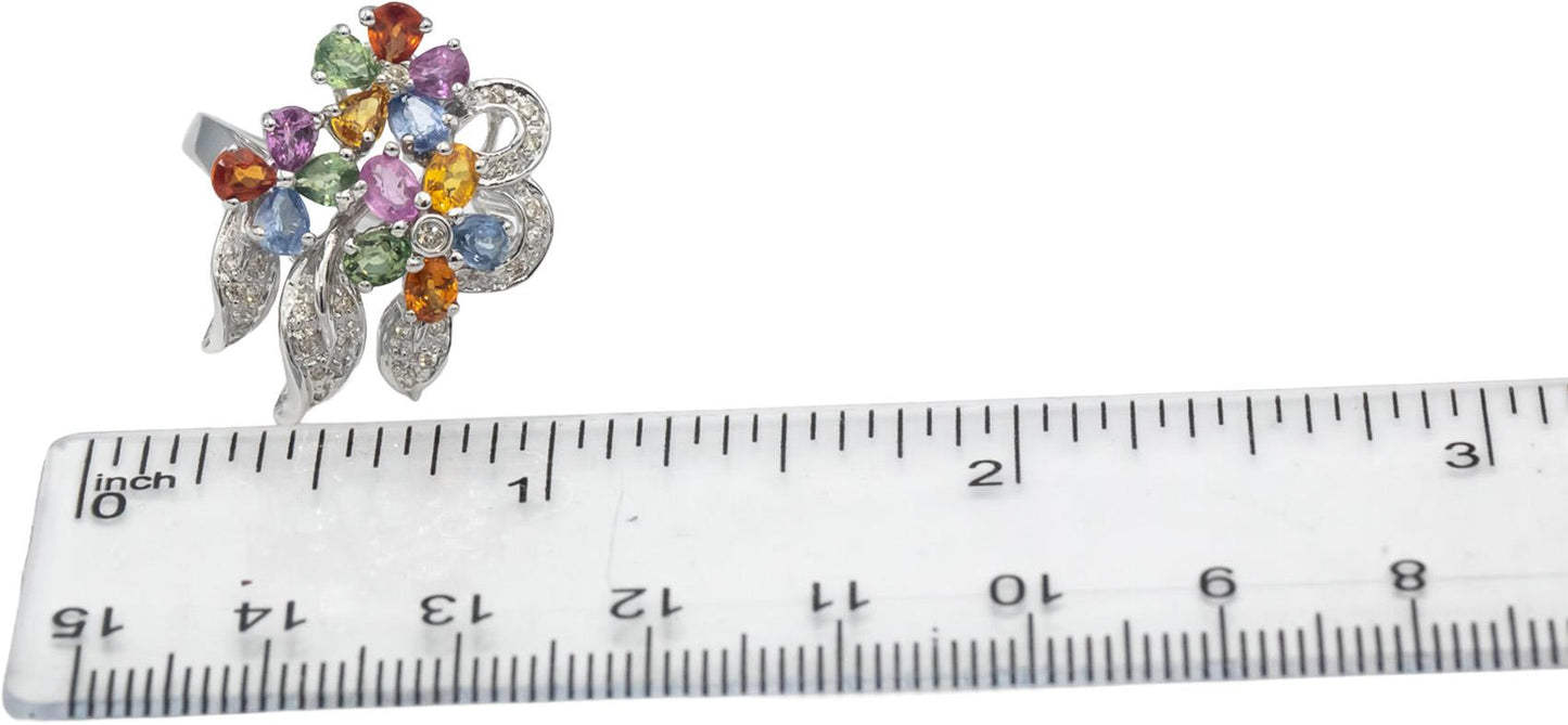 18k White Gold Round Diamond & Rainbow Sapphire Floral Ring 1.50CT Size 7.25