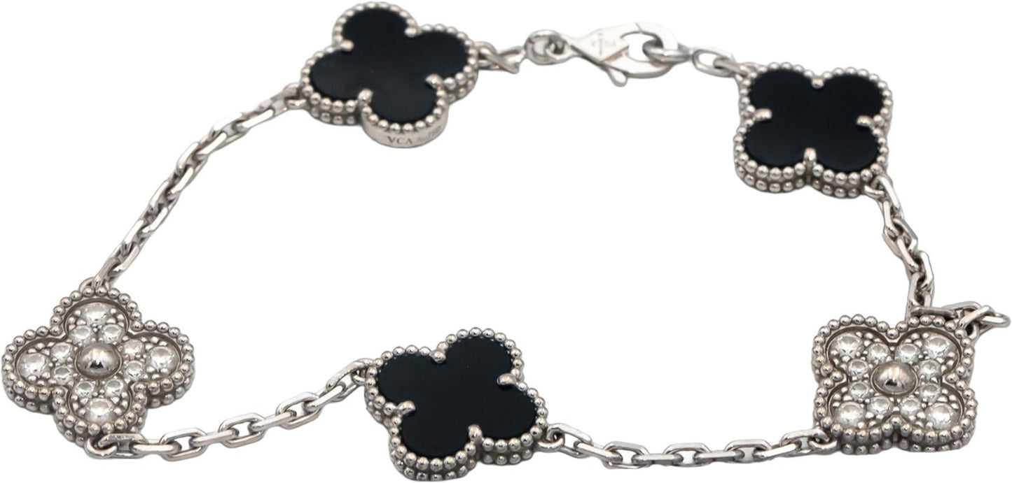 VAN CLEEF & ARPELS 18k White Gold Diamond Onyx Clover Alhambra Bracelet w Papers