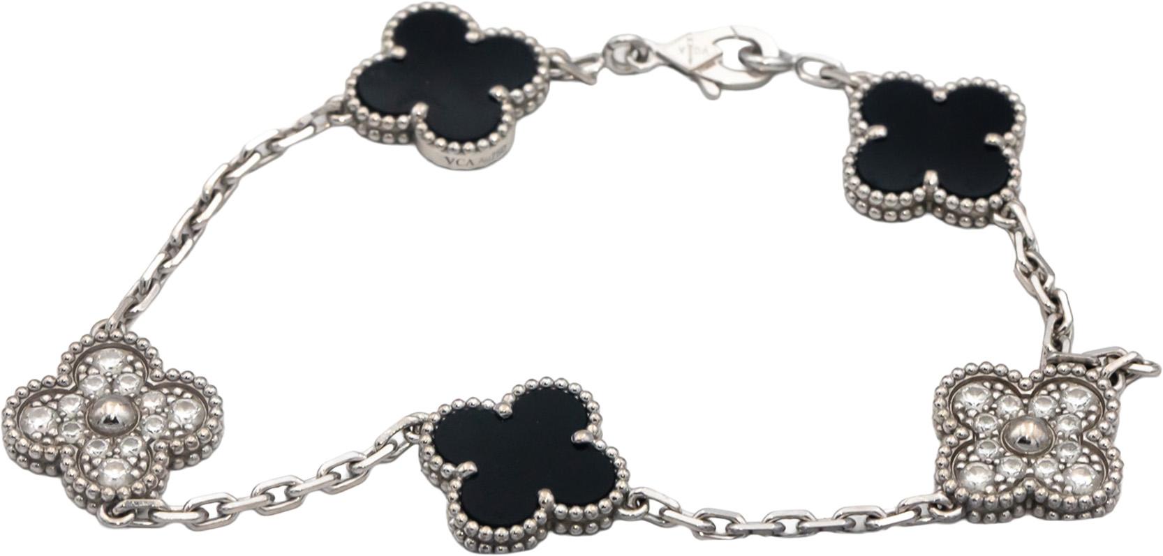 VAN CLEEF & ARPELS 18k White Gold Diamond Onyx Clover Alhambra Bracelet w Papers