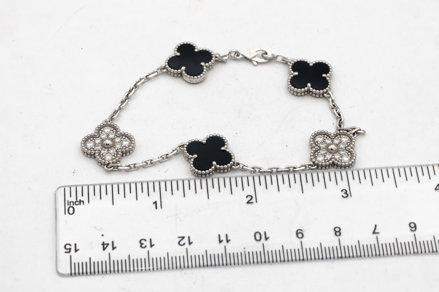 VAN CLEEF & ARPELS 18k White Gold Diamond Onyx Clover Alhambra Bracelet w Papers