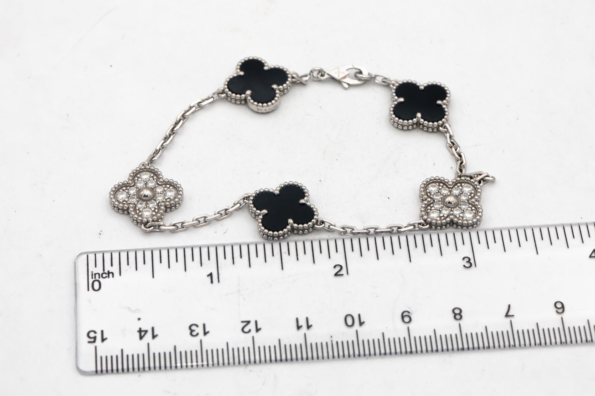 VAN CLEEF & ARPELS 18k White Gold Diamond Onyx Clover Alhambra Bracelet w Papers