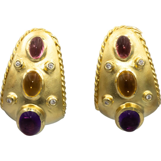 14k Yellow Gold Diamond Amethyst Citrine Tourmaline Earrings 4.12CTW