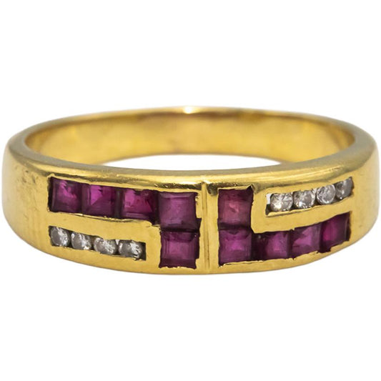 18k Yellow Gold Square Ruby Round Diamond Band Ring 0.66CTW Size 8.5
