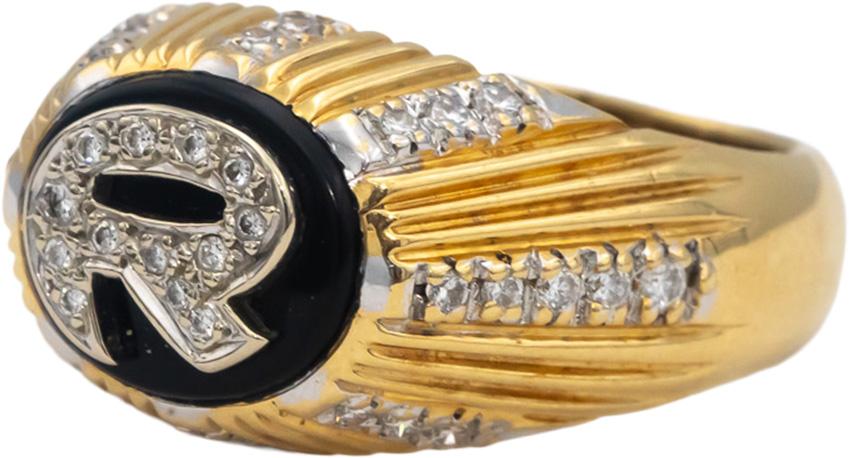 18k Yellow & White Gold VS Round Diamond & Onyx Letter "R" Ring 0.50CT Size 9.25