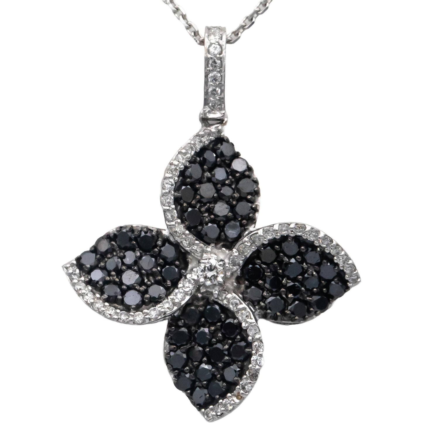 14k White Gold Round White and Black Diamond Cluster Pendant Necklace 1.50CT
