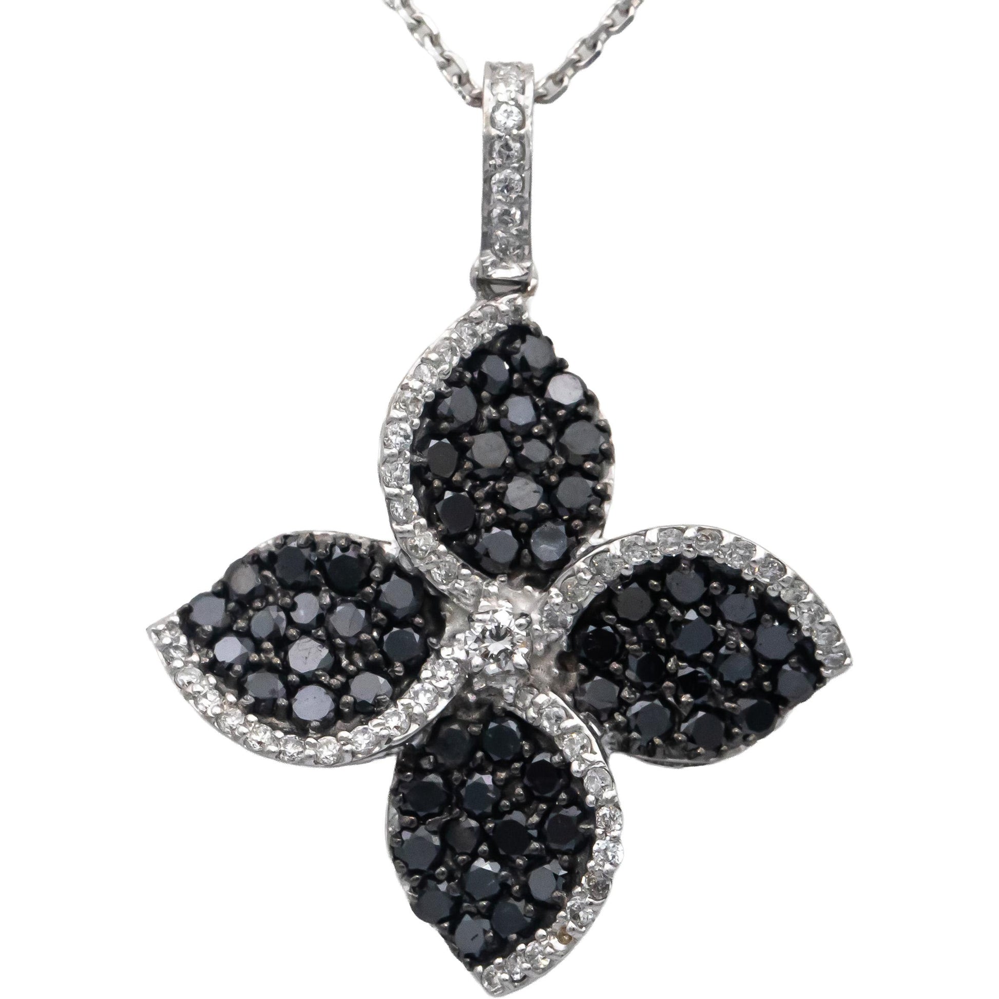 14k White Gold Round White and Black Diamond Cluster Pendant Necklace 1.50CT
