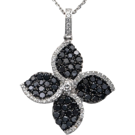 14k White Gold Round White and Black Diamond Cluster Pendant Necklace 1.50CT