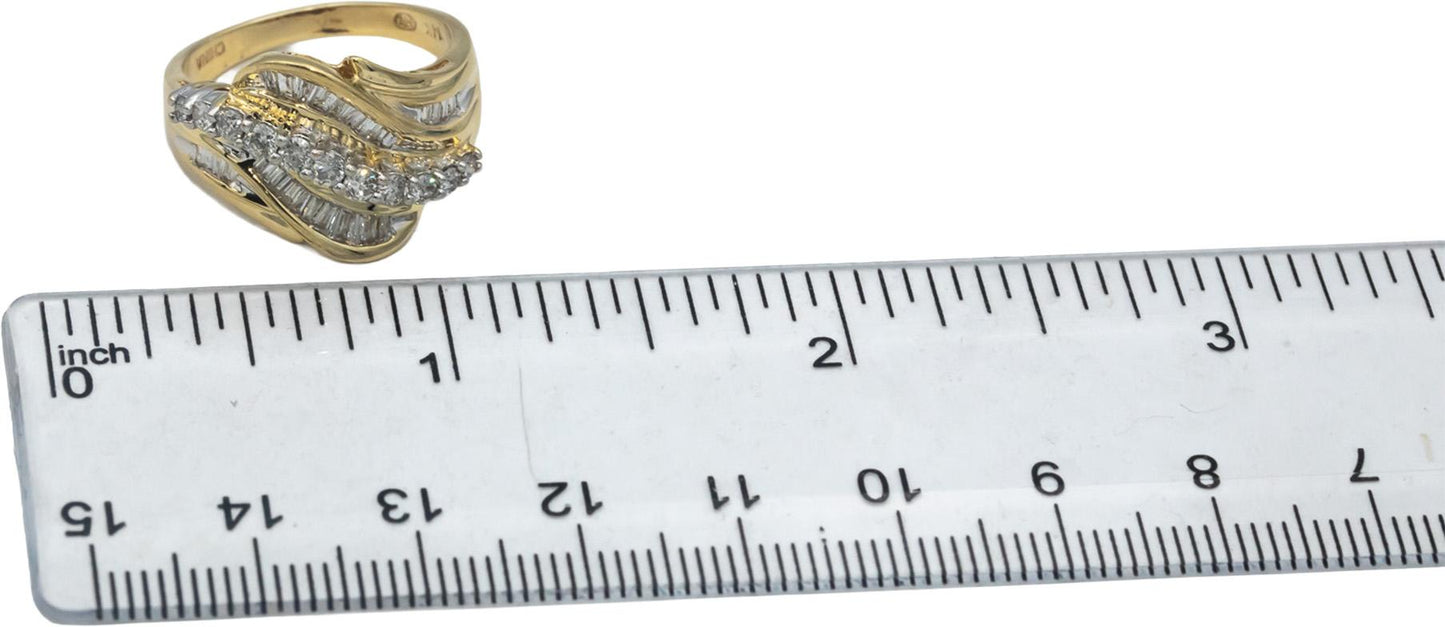 14k Yellow Gold Round & Baguette Cut Diamond Cocktail Ring 0.75CT Size 7