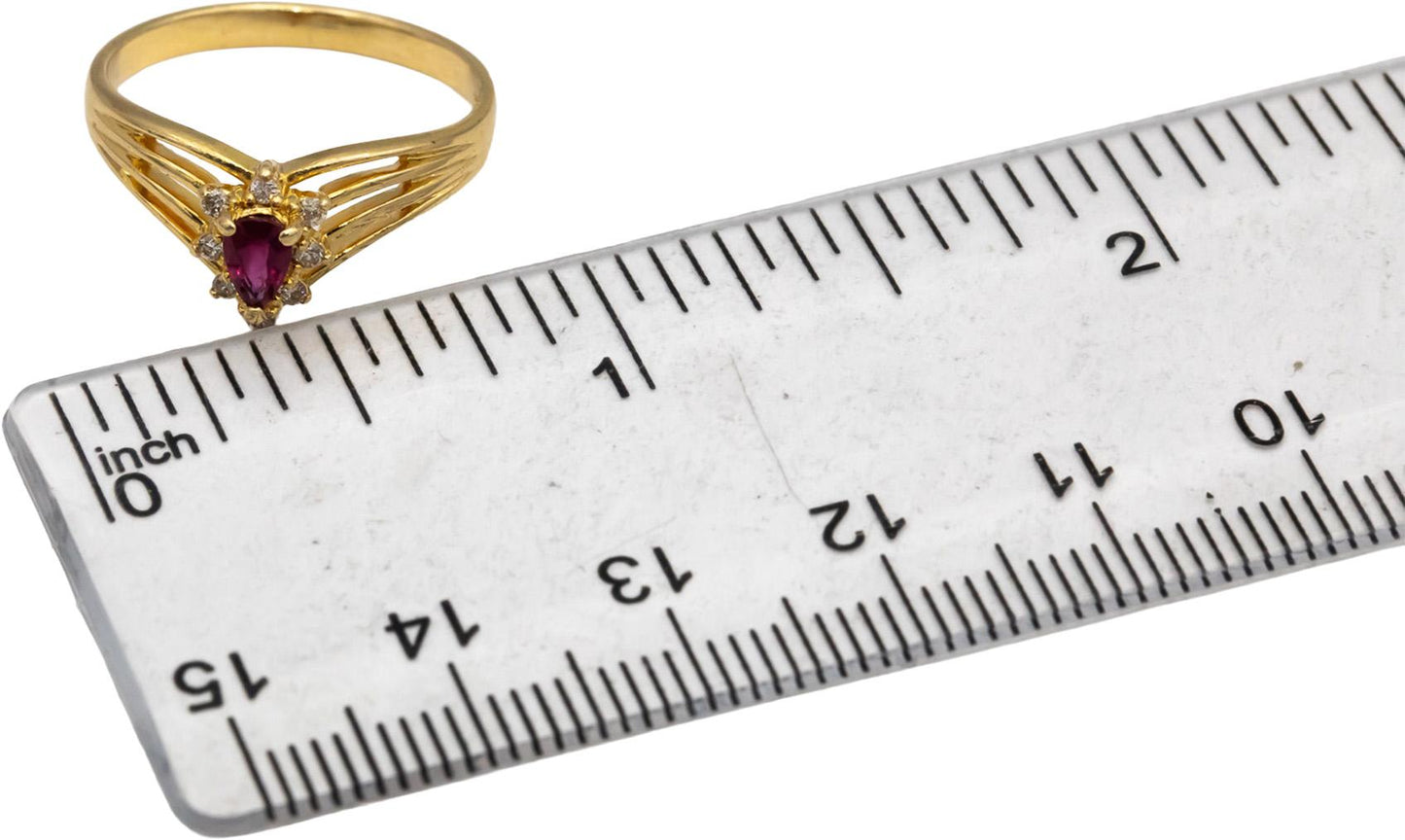 14k Yellow Gold Pear Ruby and Round Diamond Cocktail Ring 0.25CT Size 6.75