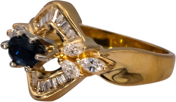 18k Yellow Gold VS Diamond and Blue Sapphire Cocktail Ring 1.24CTW Size 6.5