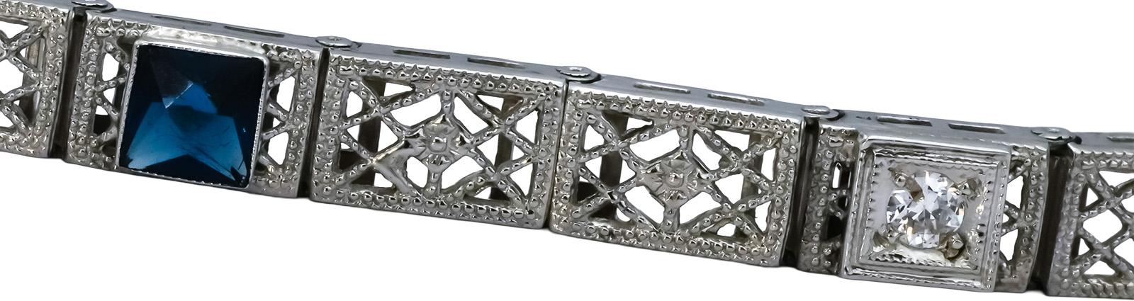 Vintage Antique 14k White Gold Diamond & Synthetic Gemstone Bracelet 0.15CT