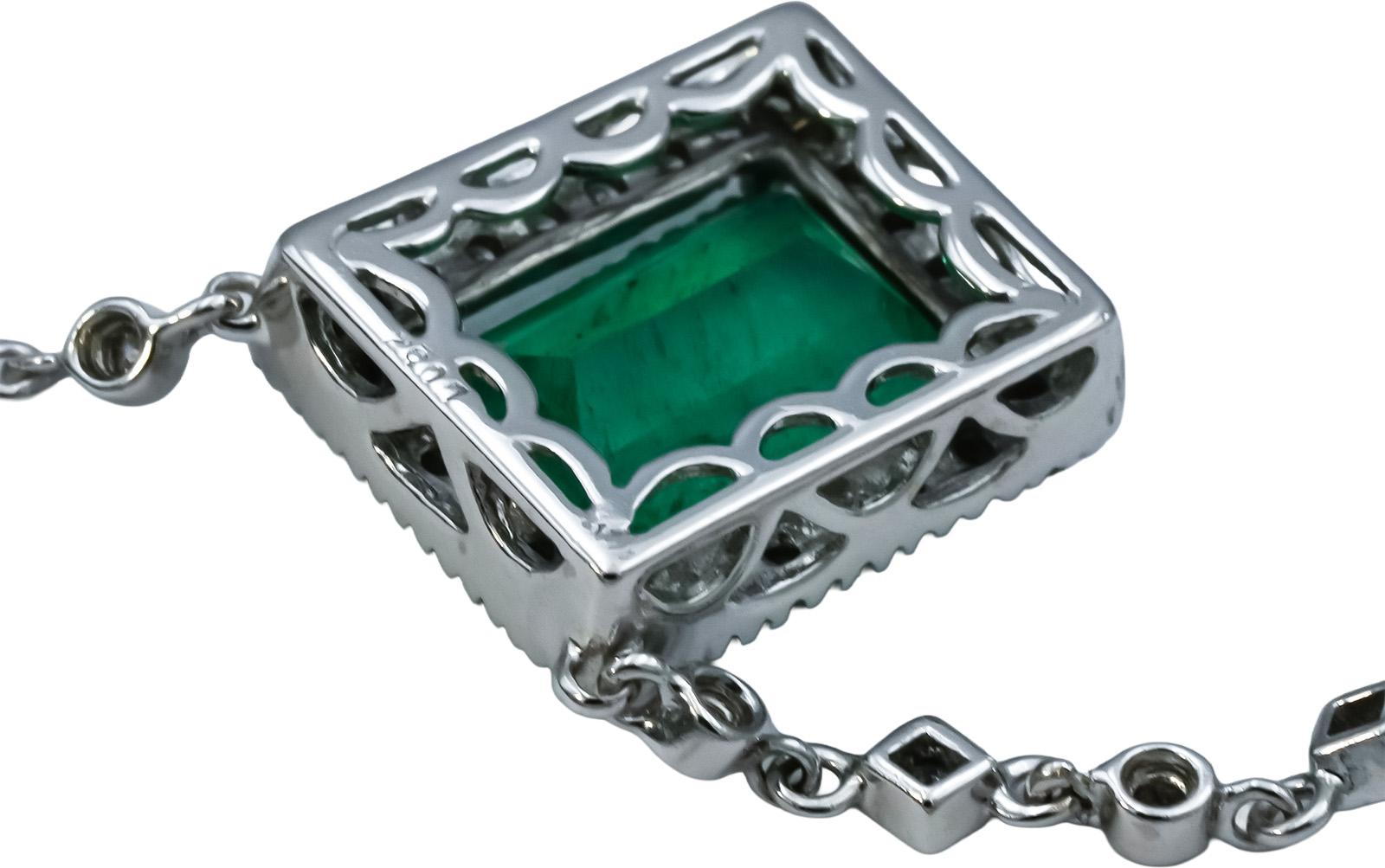 14k White Gold Emerald and Diamond Pendant Necklace 4.59CTW