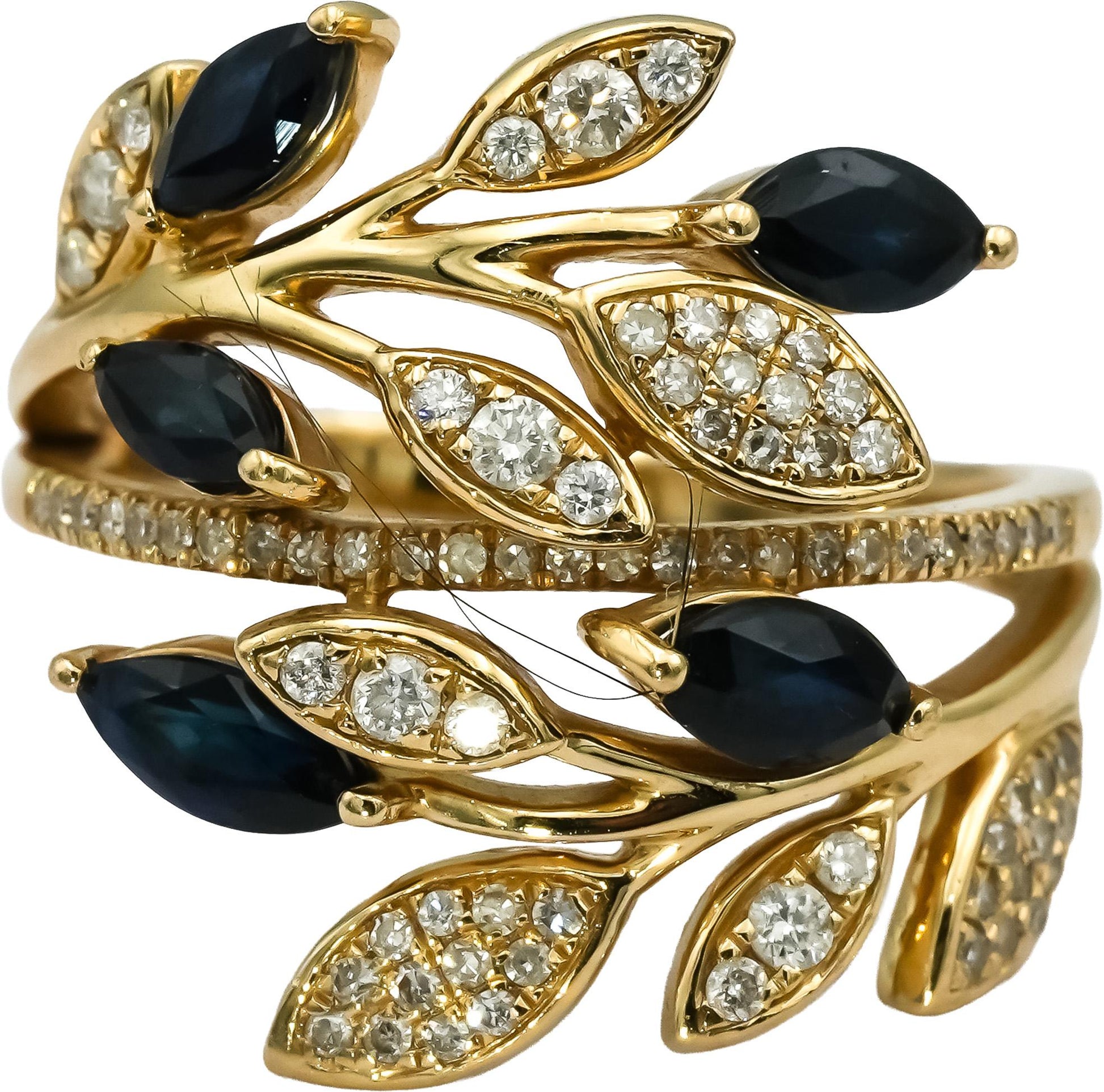 EFFY 14k Yellow Gold Diamond and Sapphire Floral Bypass Ring 0.97CTW Size 7