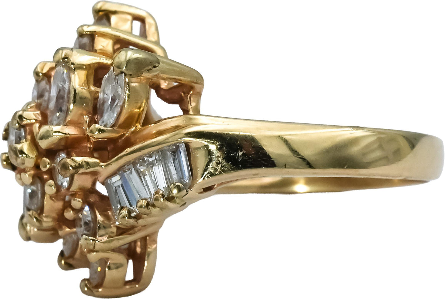 14k Yellow Gold Marquise Baguette Round Diamond Cocktail Ring 1.50CT Size 7