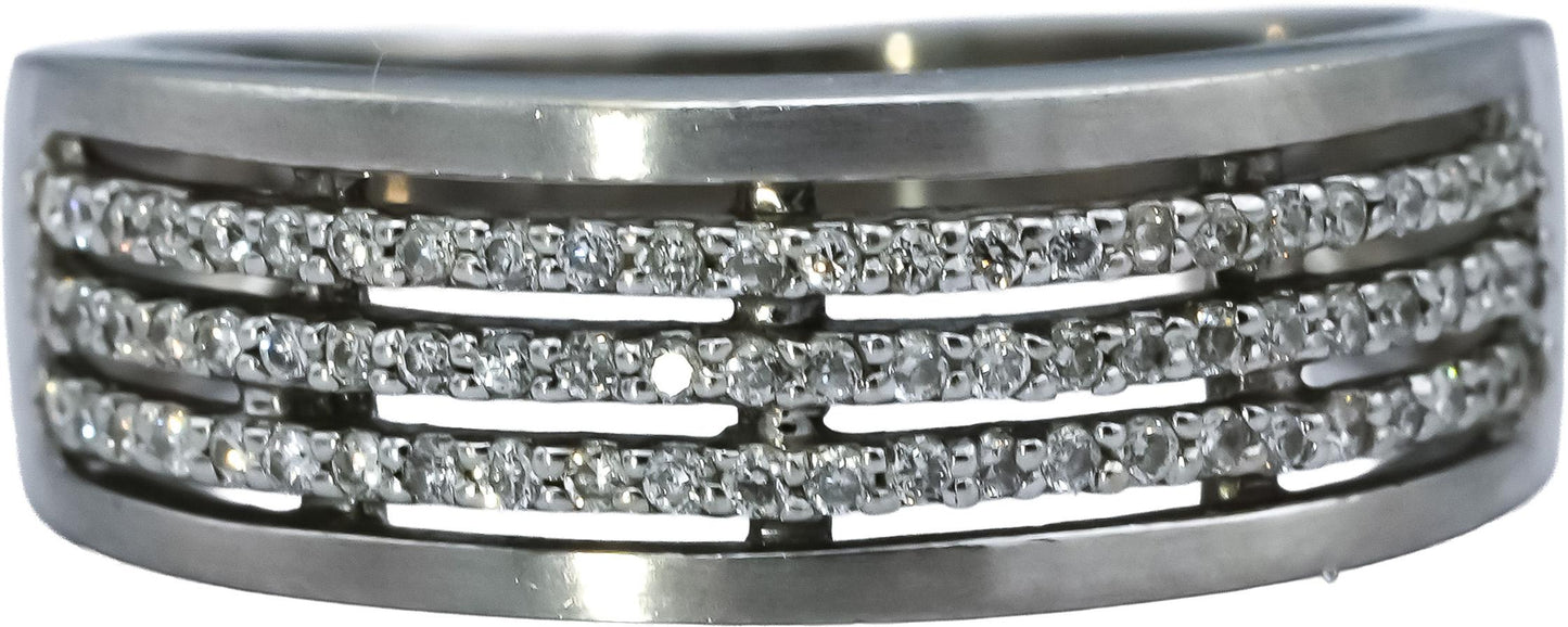 14k White Gold Round Diamond Three-Row Band Ring 0.40CT Size 6.75