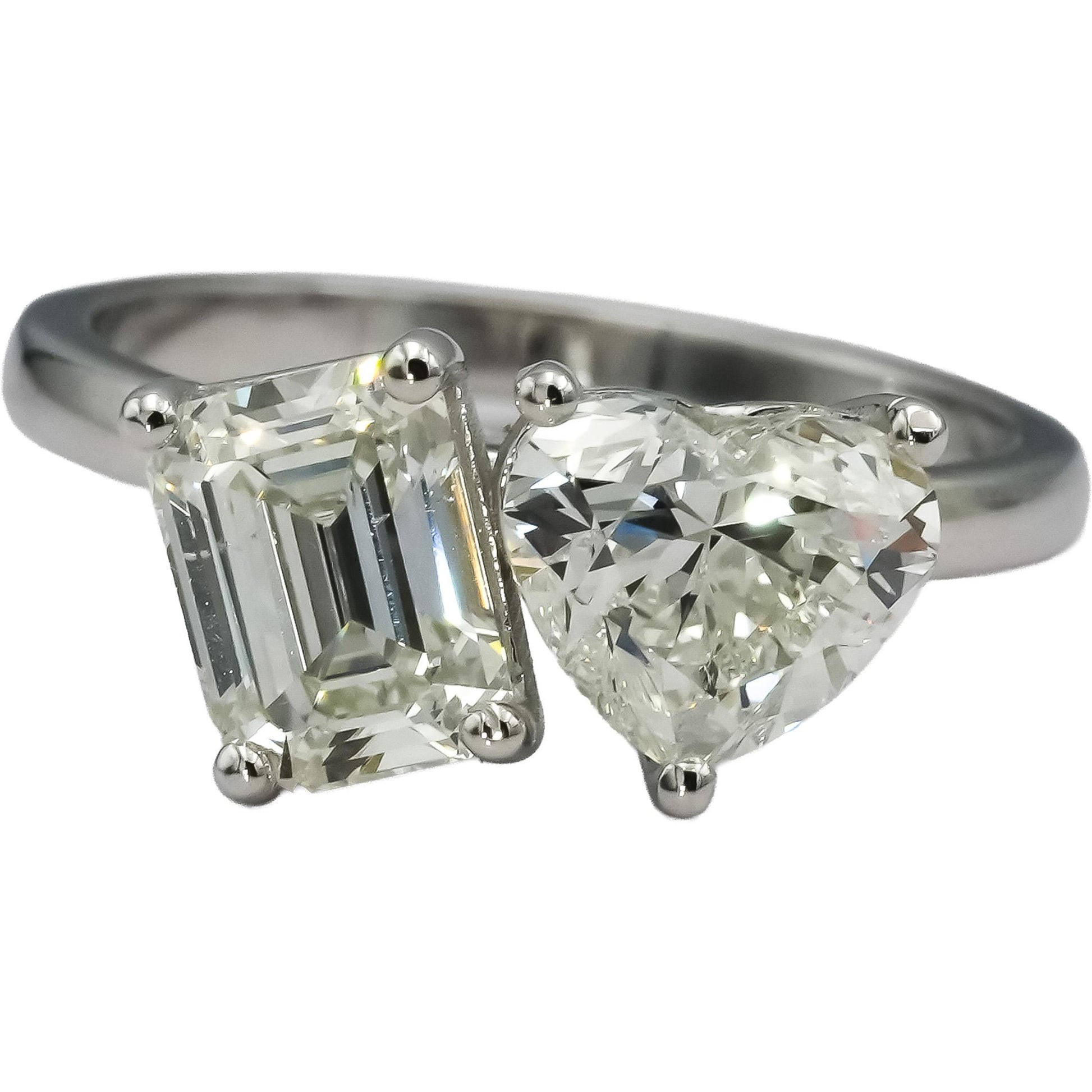 GIA Certified 18k White Gold Emerald & Heart Cut Two Stone Diamond Ring 2.88CT