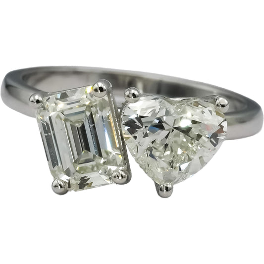 GIA Certified 18k White Gold Emerald & Heart Cut Two Stone Diamond Ring 2.88CT