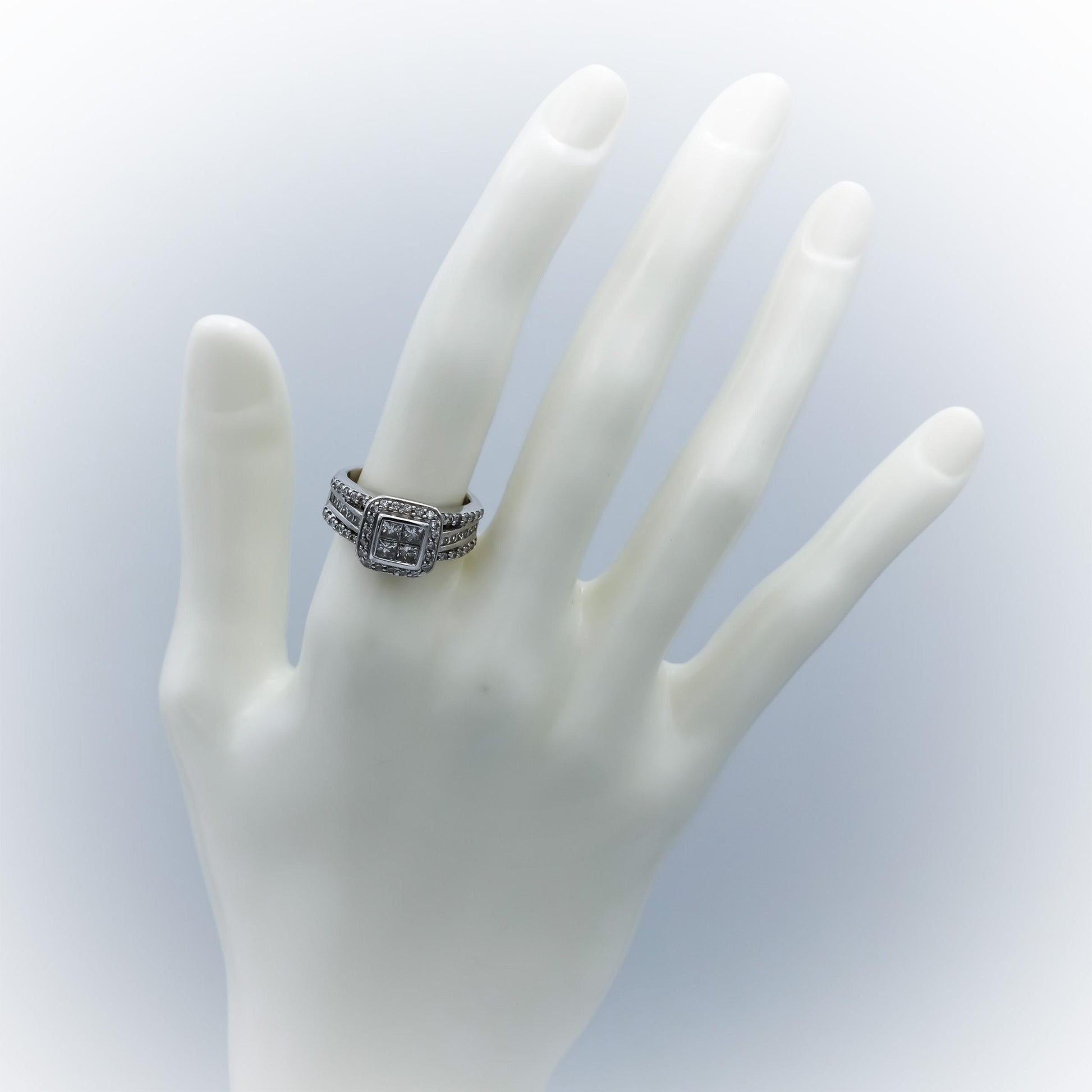 14k White Gold Princess & Round Diamond Cocktail Ring 1.25CT Size 6