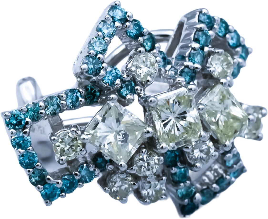 18k White Gold White Light Yellow Blue Flower Earrings 4.50CT