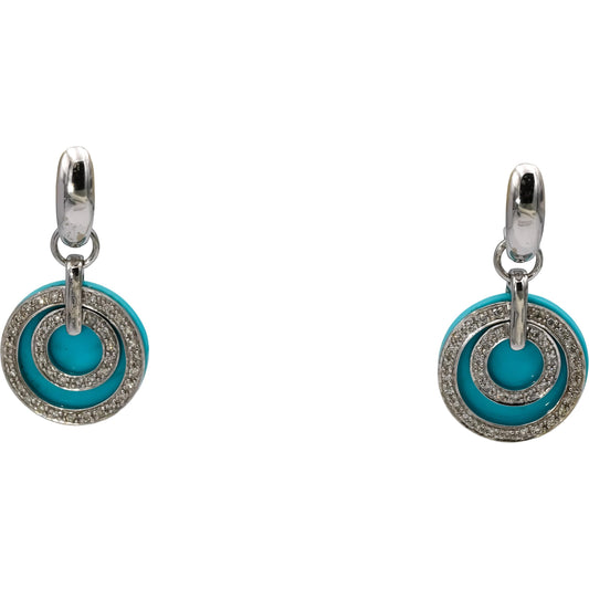 14k White Gold Round Diamond and Turquoise Drop Dangle Earrings 0.35CT