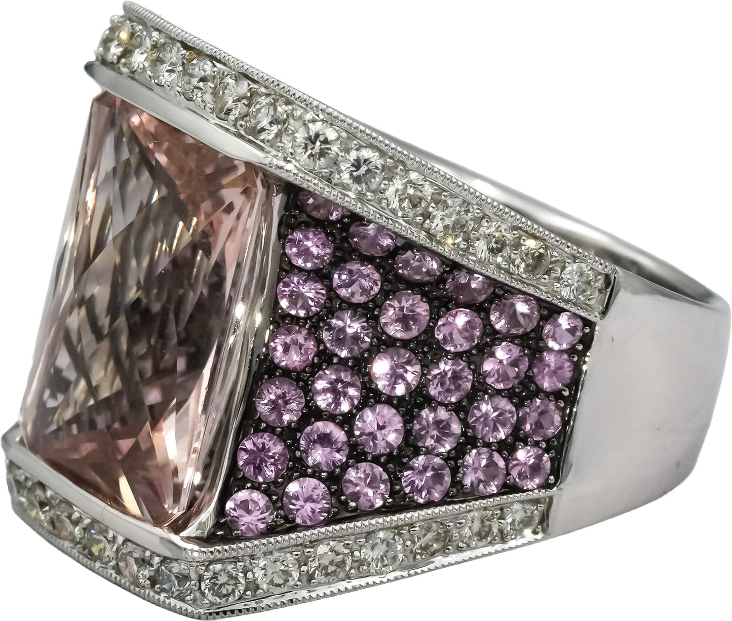 18k White Gold VS Morganite Diamond and Sapphire Cocktail Ring 13.36CT Size 7