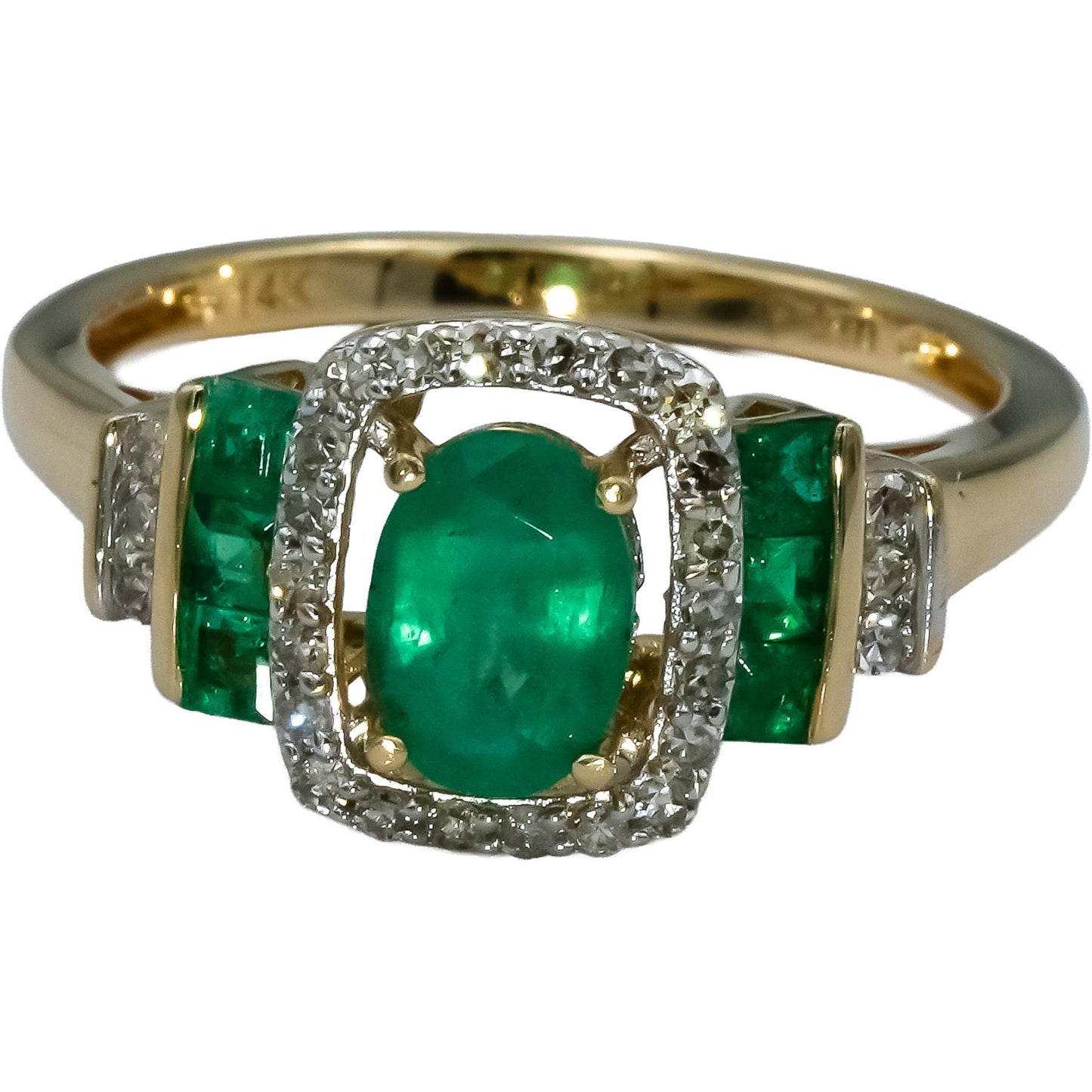 14k Yellow Gold Diamond and Emerald Cocktail Ring 1.10CT Size 7.25