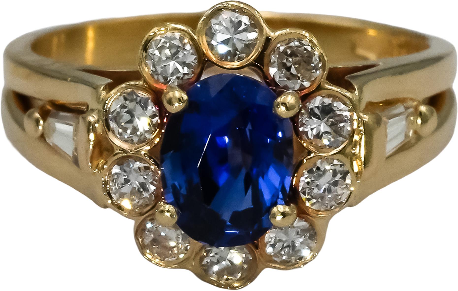 14k Yellow Gold VS Diamond and Blue Sapphire Flower Ring 2.10CT Size 8