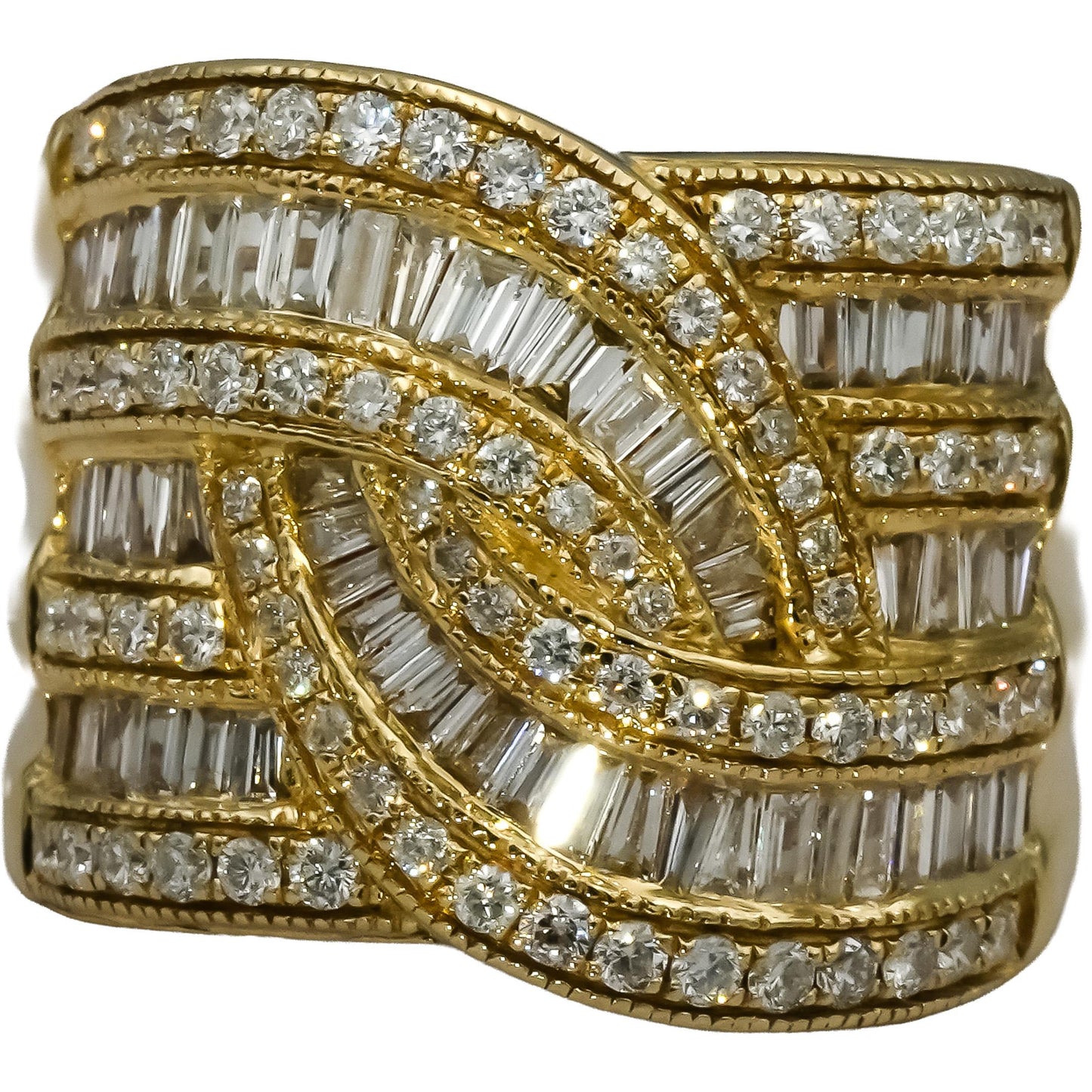 EFFY 14k Yellow Gold Round and Baguette Diamond Crossover Ring 1.85CT Size 7.25